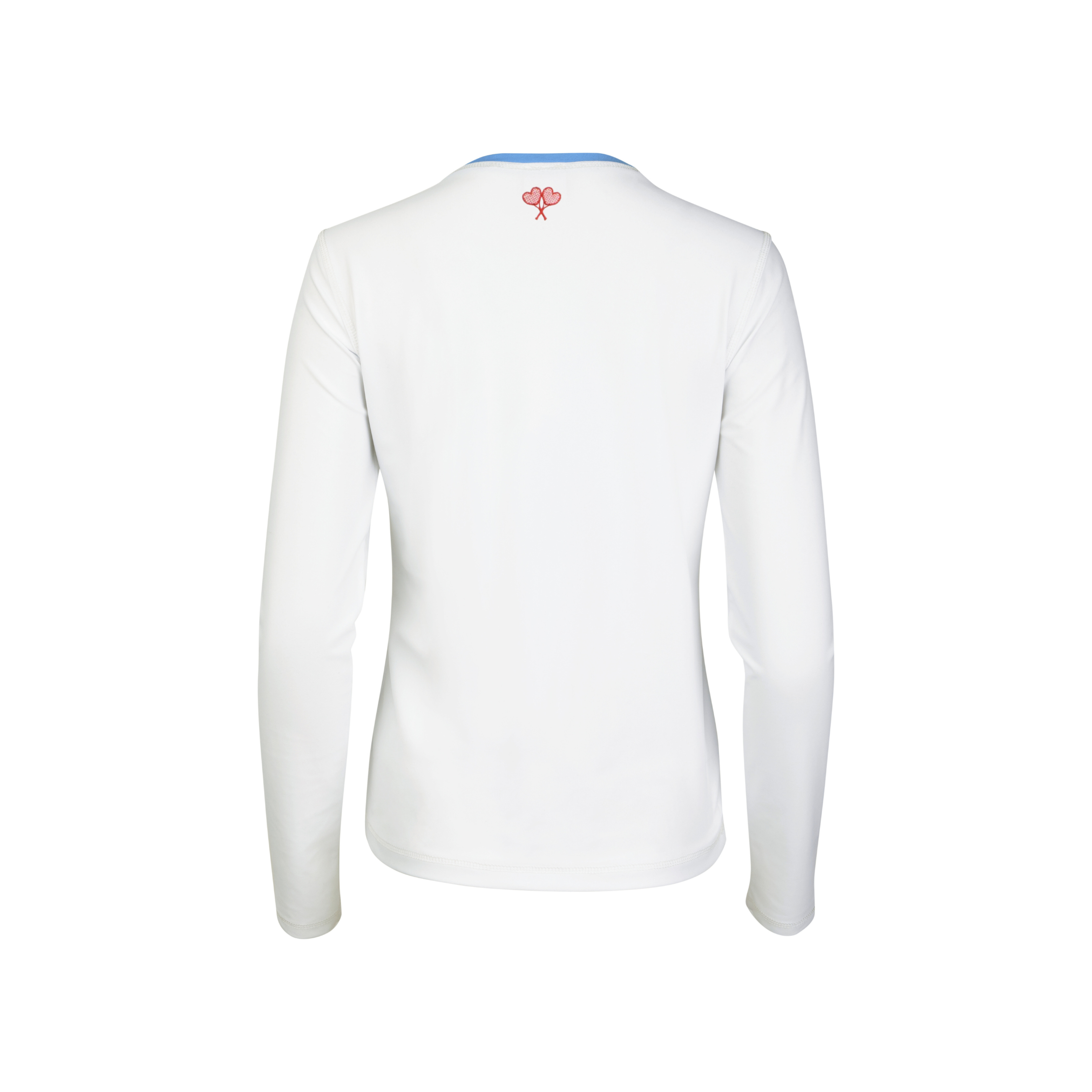 White long-sleeve shirt with a small logo on the back against a white background