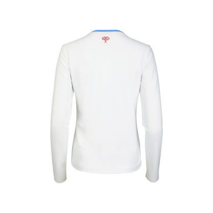 White long-sleeve shirt with a small logo on the back against a white background
