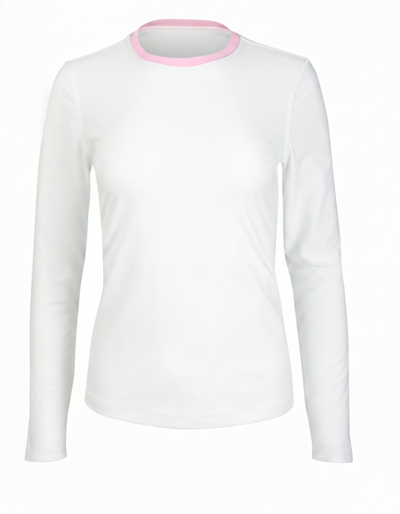 White long-sleeve shirt with pink trim on a white background