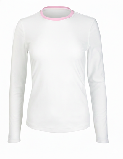 White long-sleeve shirt with pink trim on a white background
