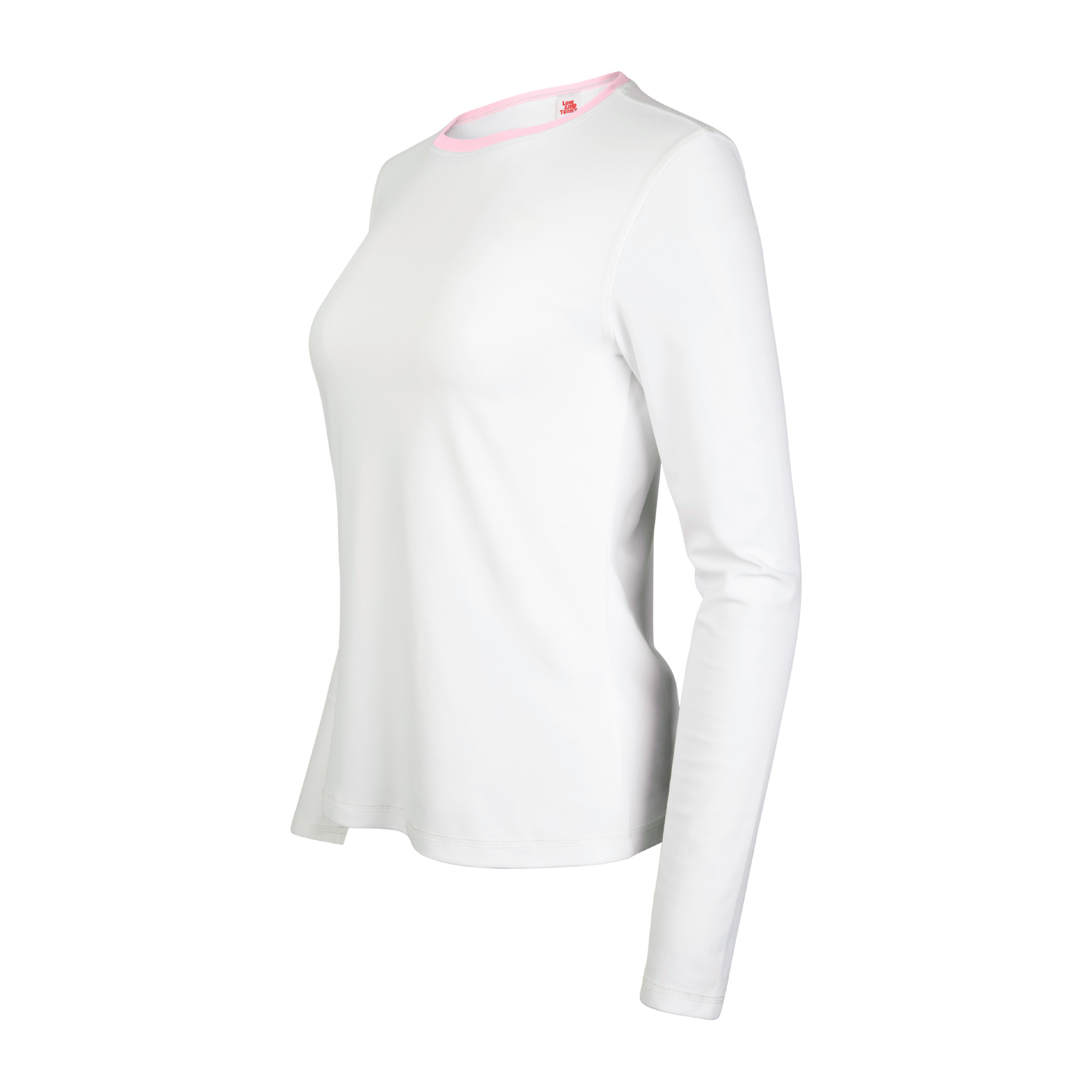 White long-sleeve shirt with pink trim on a white background