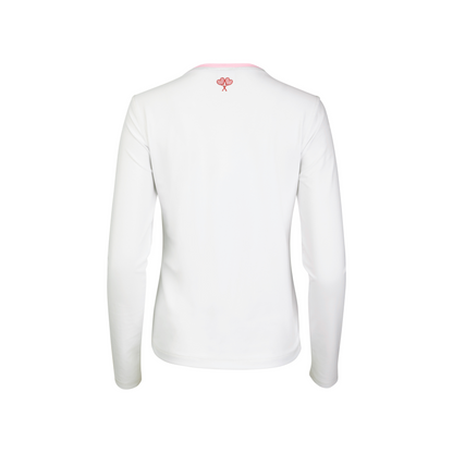 White long-sleeve shirt with a small red logo on the back against a white background