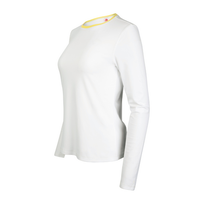 White long-sleeve shirt with yellow trim on a white background