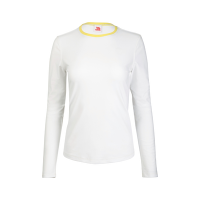 White long-sleeve shirt with yellow trim on a white background