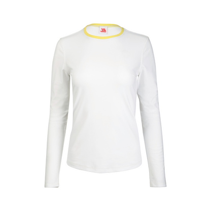 White long-sleeve shirt with yellow trim on a white background