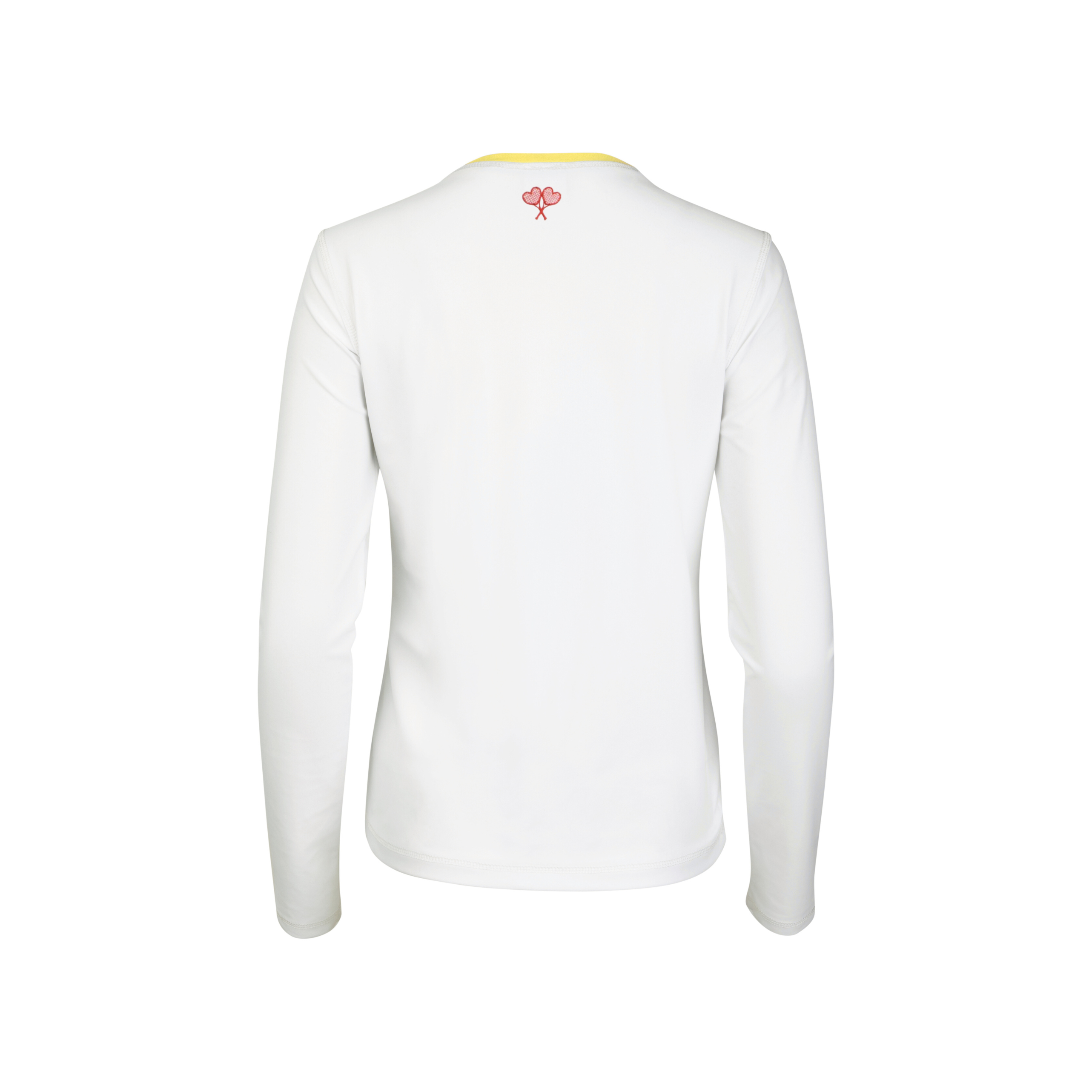 White long-sleeve shirt with a small logo on the back against a white background