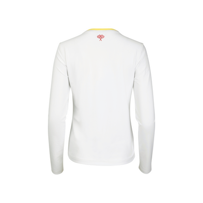 White long-sleeve shirt with a small logo on the back against a white background