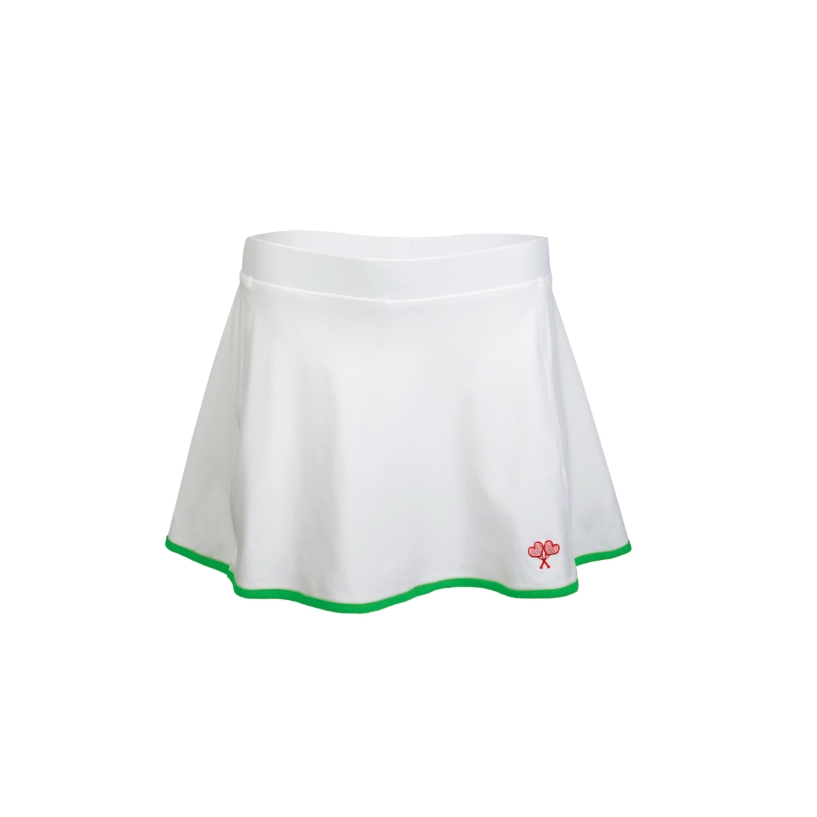 White tennis skirt with green trim on a white background