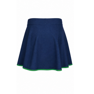 A navy blue flared skort with a thin green trim along the hem, shown against a plain white background.