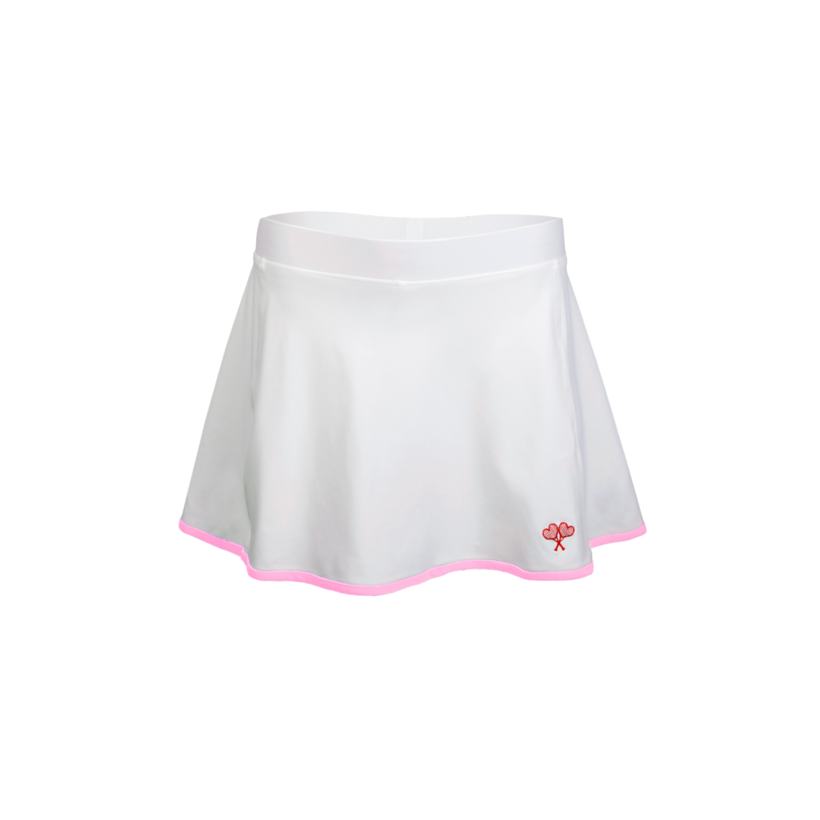 White tennis skirt with pink trim on a white background