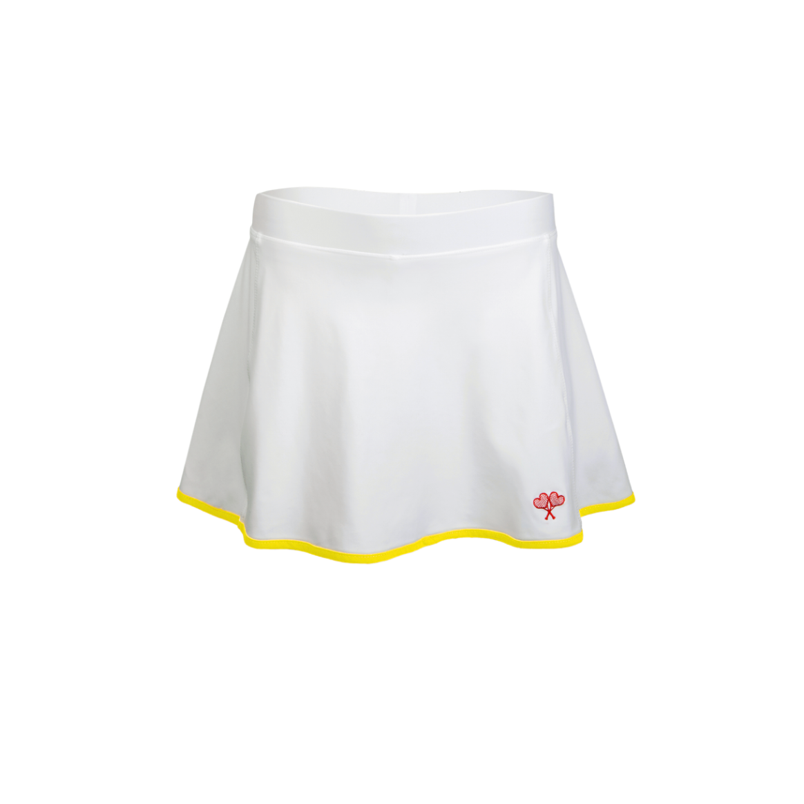 White tennis skirt with yellow trim on a white background