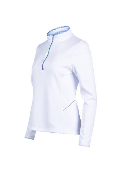 White long-sleeve shirt with blue accents on a white background