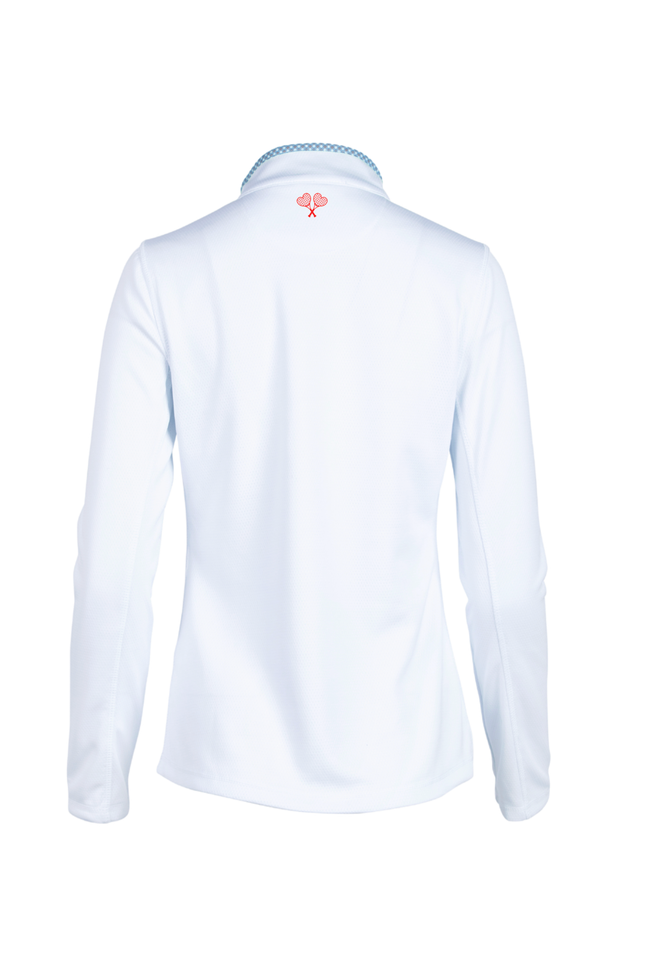 White long-sleeve shirt with a small logo on the back against a white background