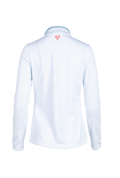 White long-sleeve shirt with a small logo on the back against a white background
