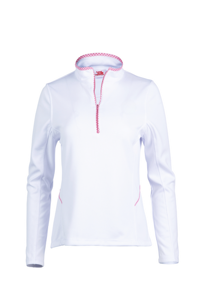White long-sleeve shirt with pink zipper on a white background