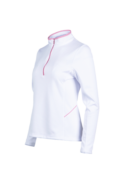 White long-sleeve shirt with pink accents on a white background