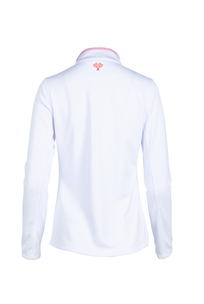 White long-sleeve shirt with a small logo on the chest against a white background