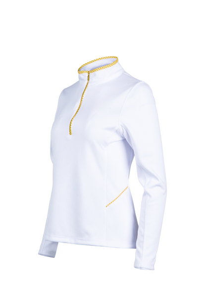 White long-sleeve shirt with yellow accents on a white background