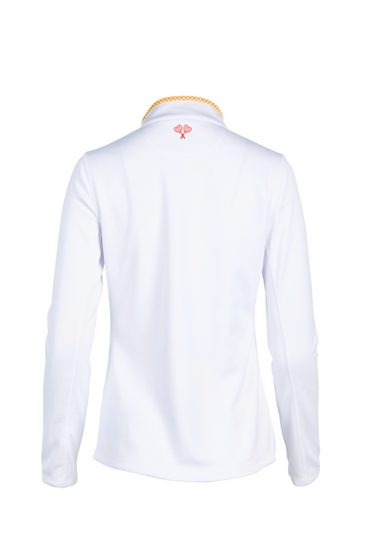 White long-sleeve shirt with a small logo on the back against a white background