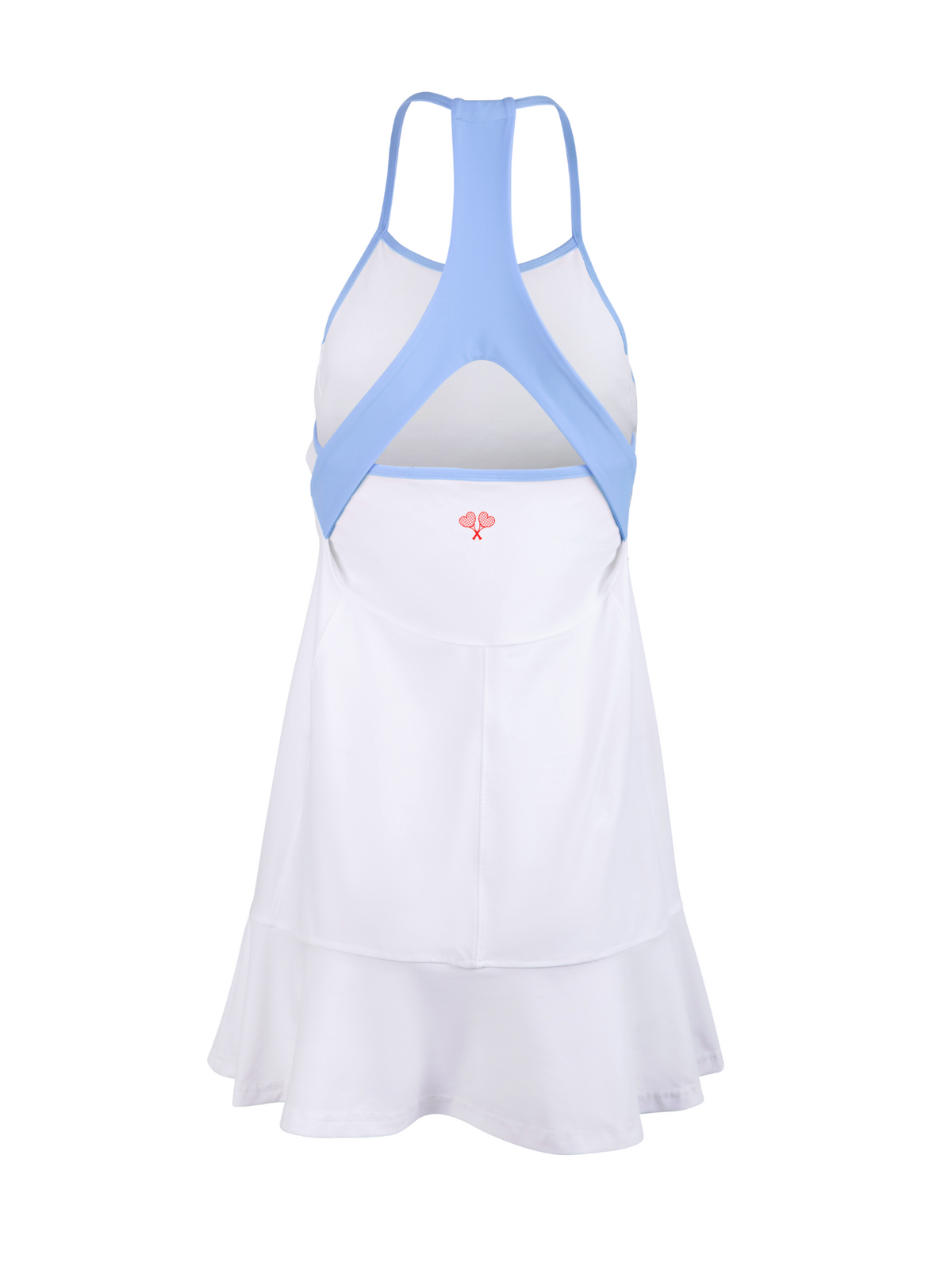 White tennis dress with blue straps on a white background