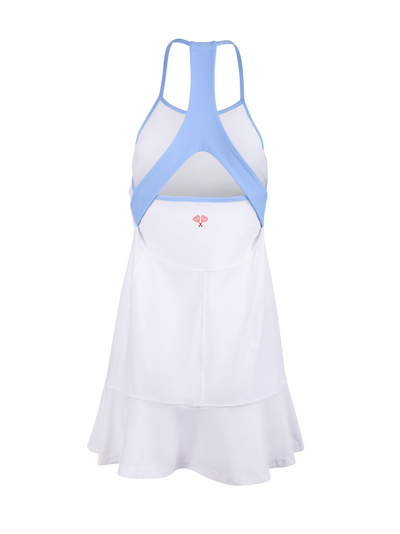 White tennis dress with blue straps on a white background