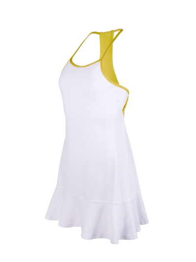 White dress with yellow straps on a white background