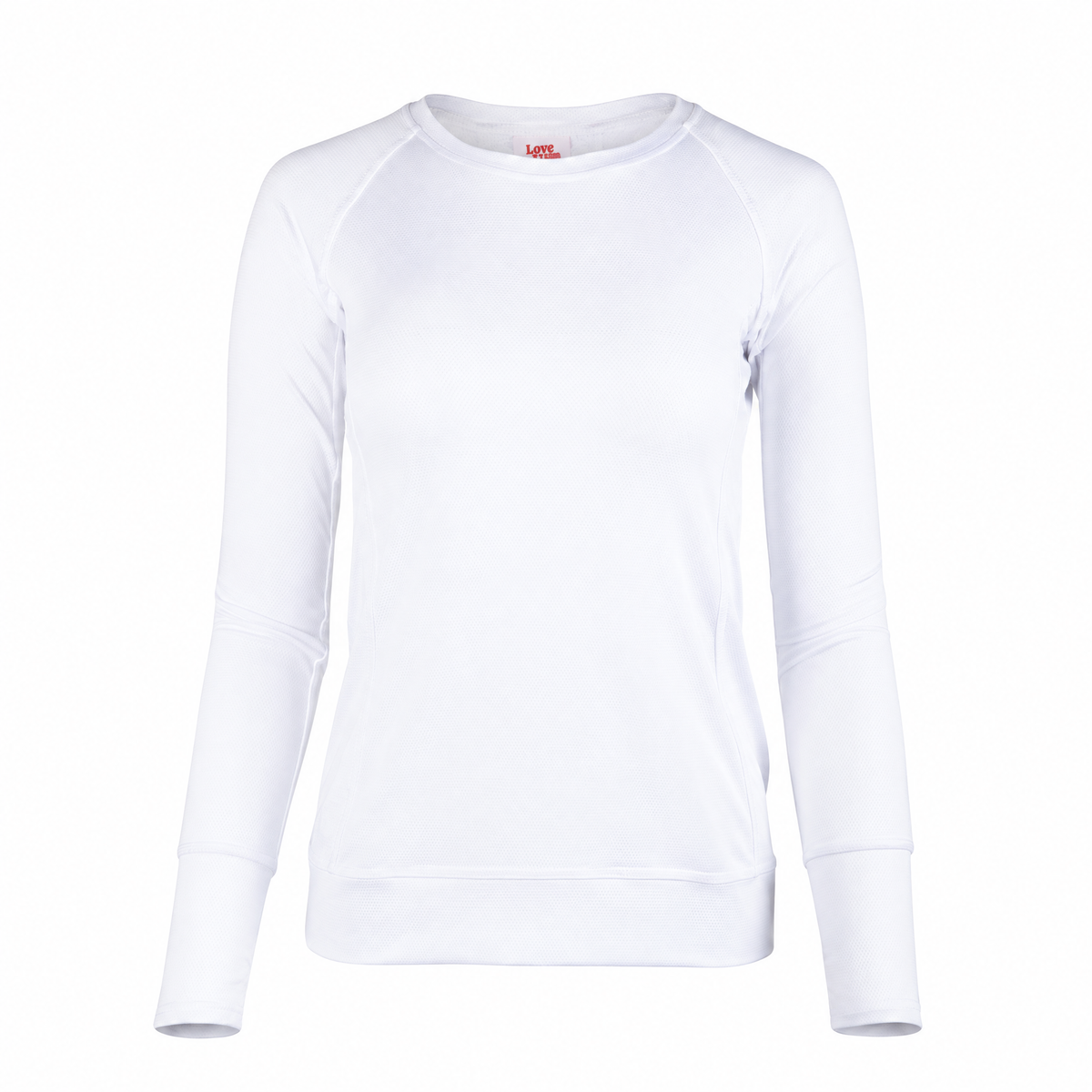 White long sleeve athletic top on flat white background