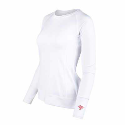 White long sleeve athletic top with red logo on the sleeve shown on a flat white background