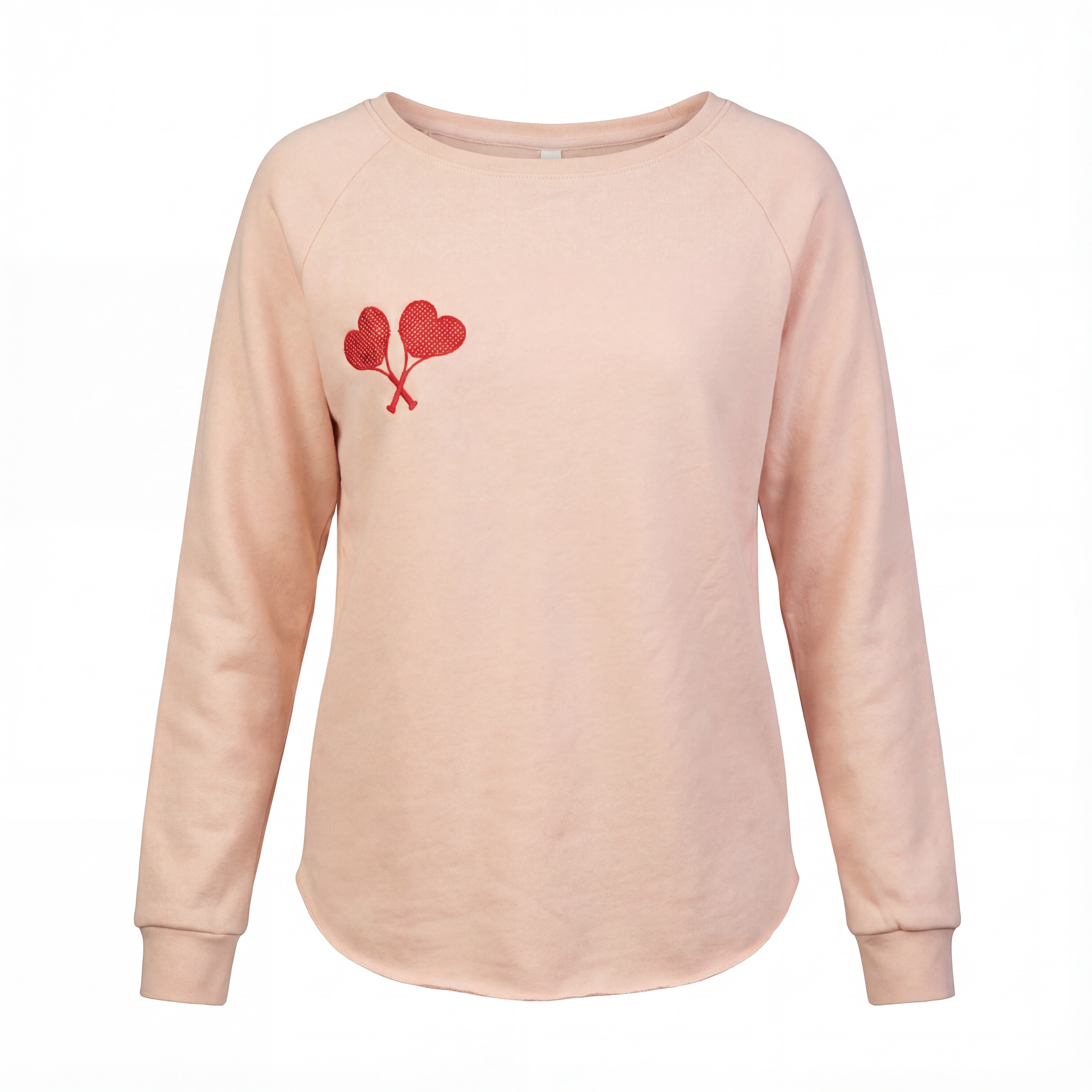 Peach sweatshirt with red heart design on a white background