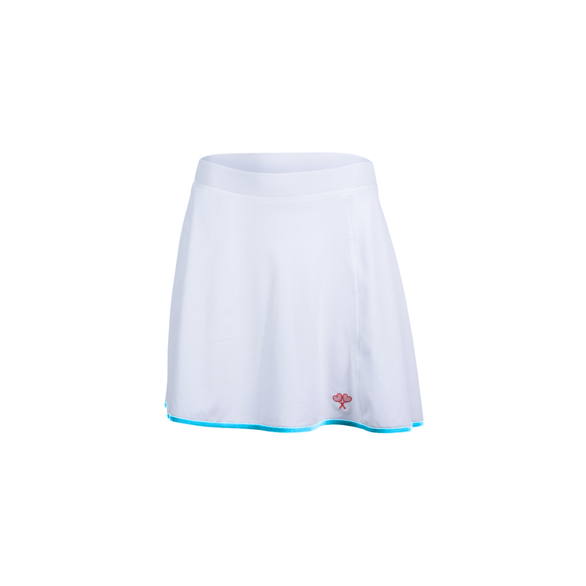 White tennis skirt with a brand logo on a white background