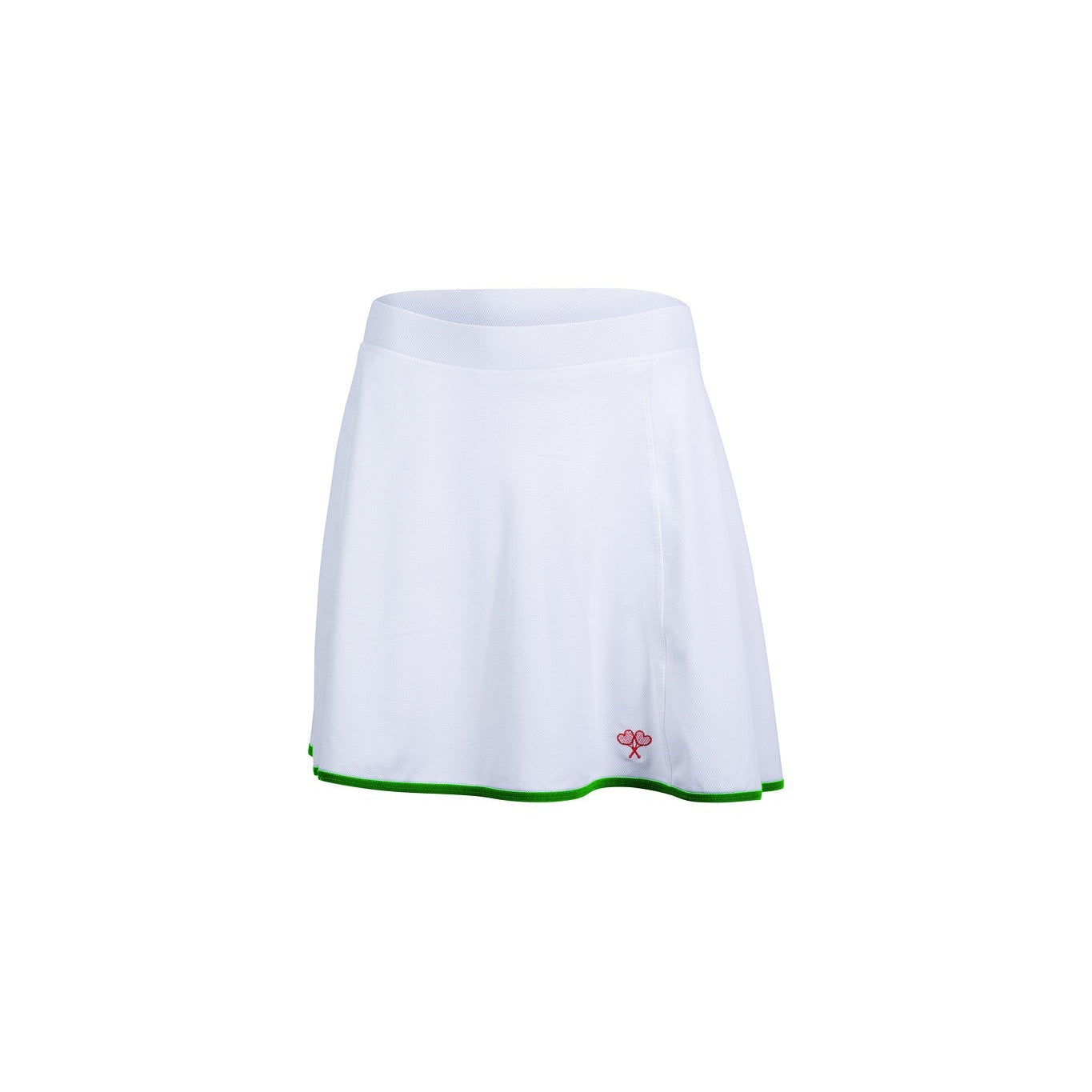 White tennis skirt with green trim on a white background