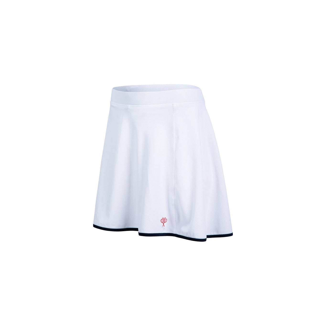 White and navy piped tennis skort on white background