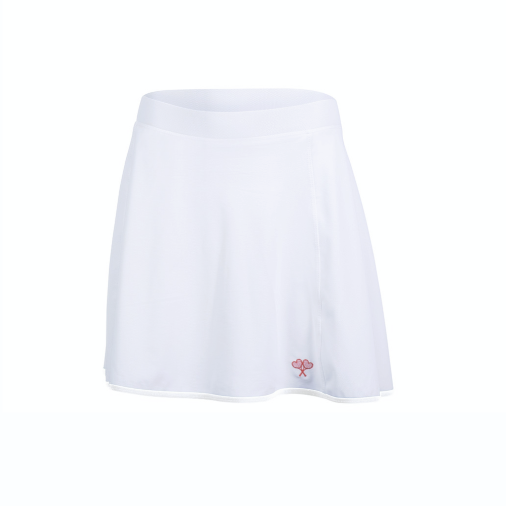 White skirt with a small red logo on a white background