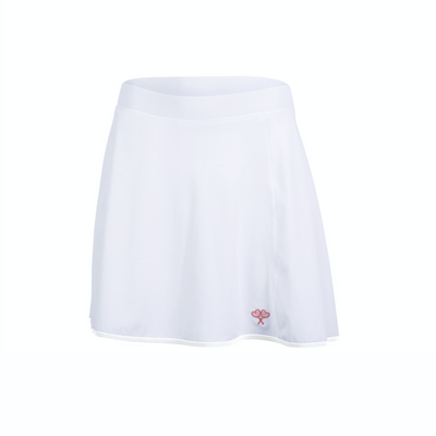 White skirt with a small red logo on a white background