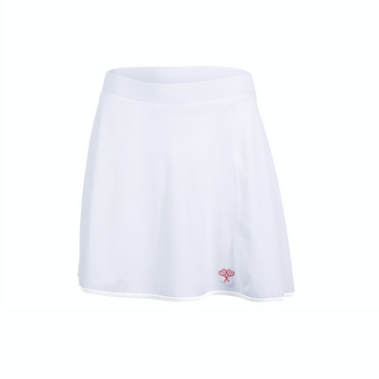 White skirt with a small red logo on a white background