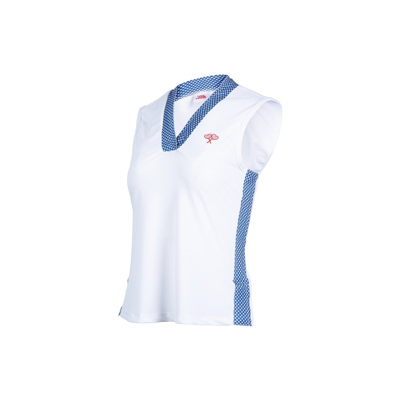 White sleeveless shirt with blue accents on a white background