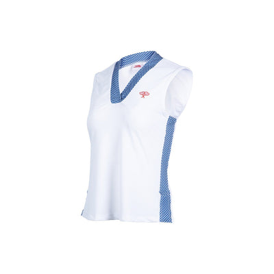 White sleeveless shirt with blue accents on a white background