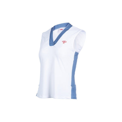 White sleeveless shirt with blue accents on a white background
