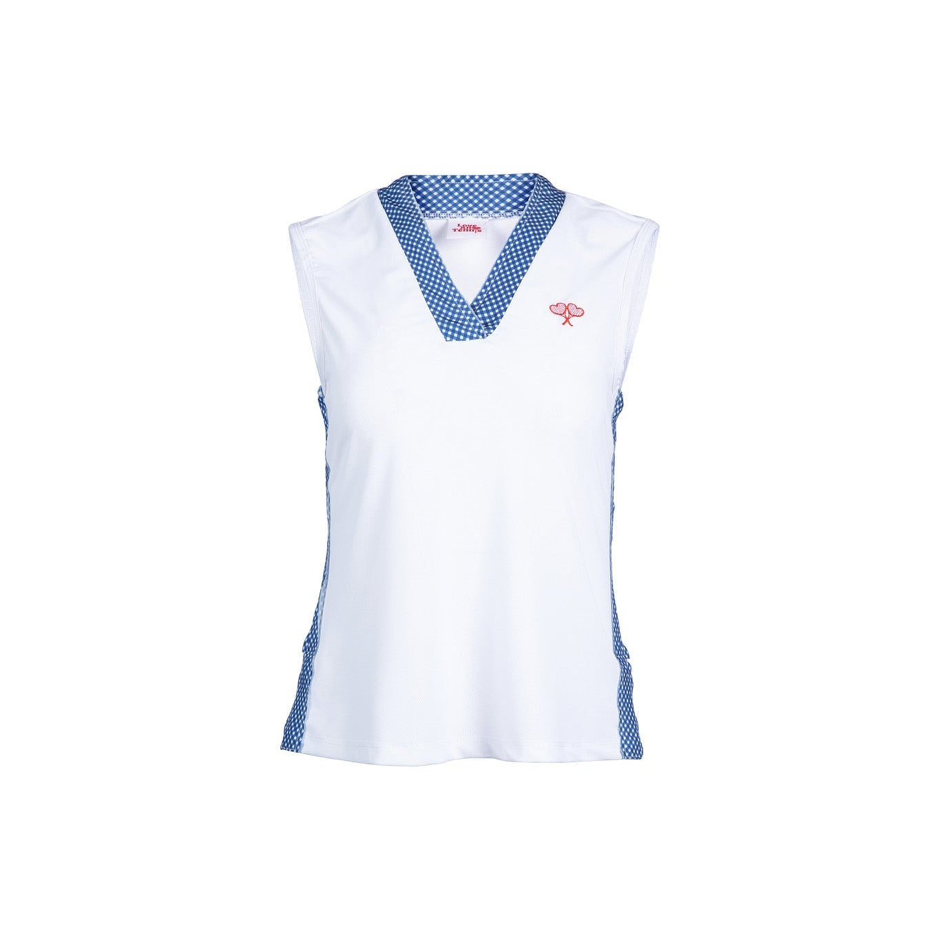 White sleeveless top with blue accents on a white background