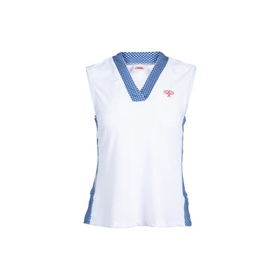 White sleeveless top with blue accents on a white background