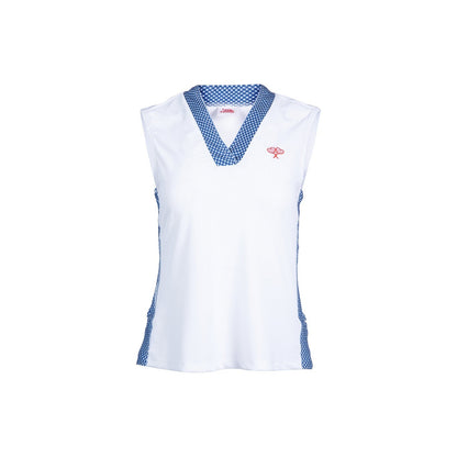 White sleeveless top with blue accents on a white background