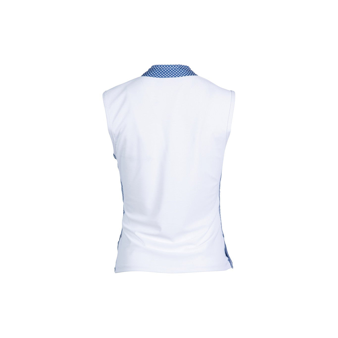 White top with blue collar on a white background