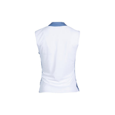 White top with blue collar on a white background