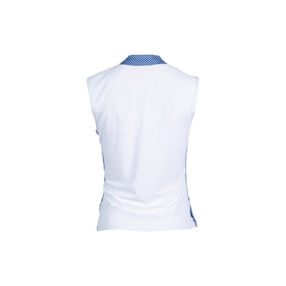White top with blue collar on a white background