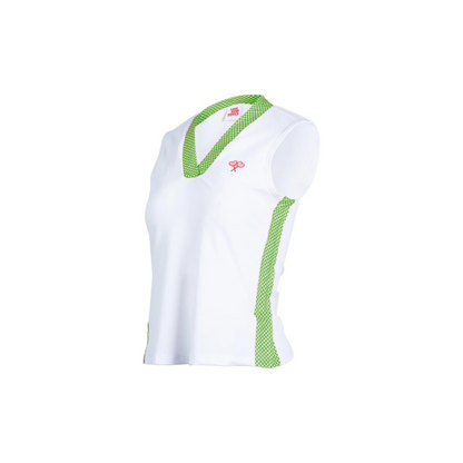 White sleeveless top with green accents on a white background