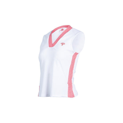 White sleeveless top with pink accents on a white background