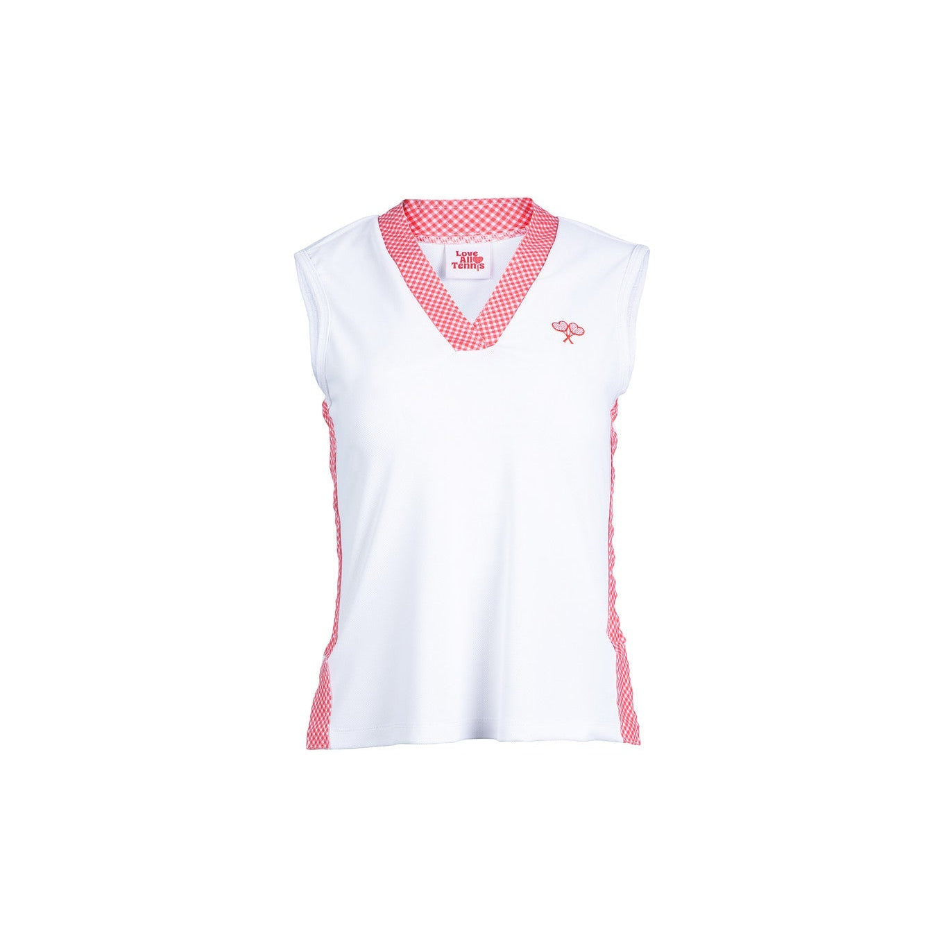 White sleeveless top with pink accents on a white background