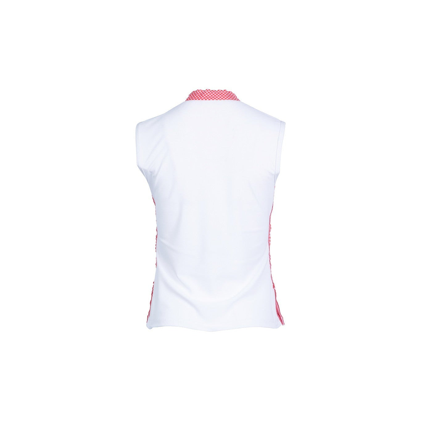 White sleeveless top with red accents on a white background