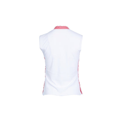 White sleeveless top with red accents on a white background