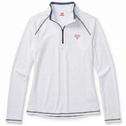 White long-sleeve jacket with a logo and blue and white gingham detail on a white background